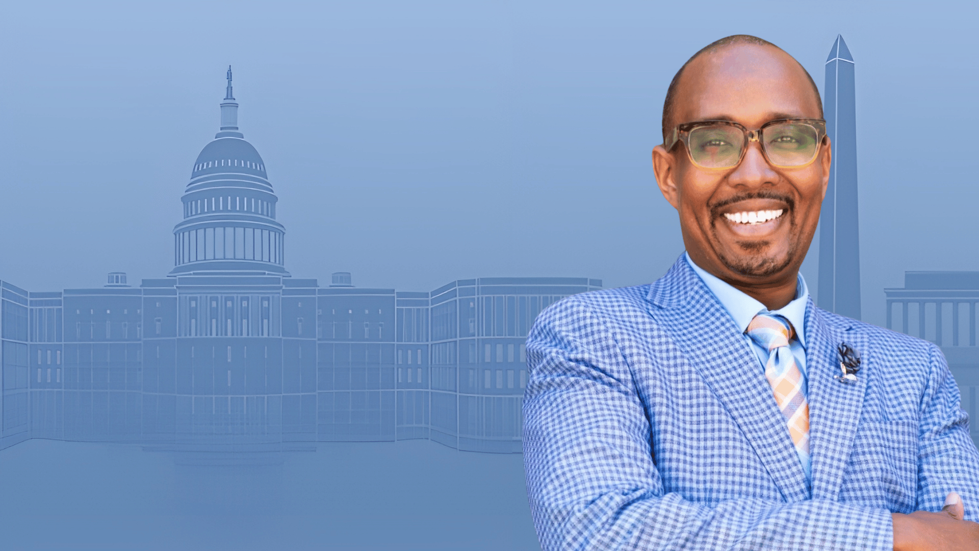 Image of Patrick D. McCoy against a blue background featuring the DC skyline.